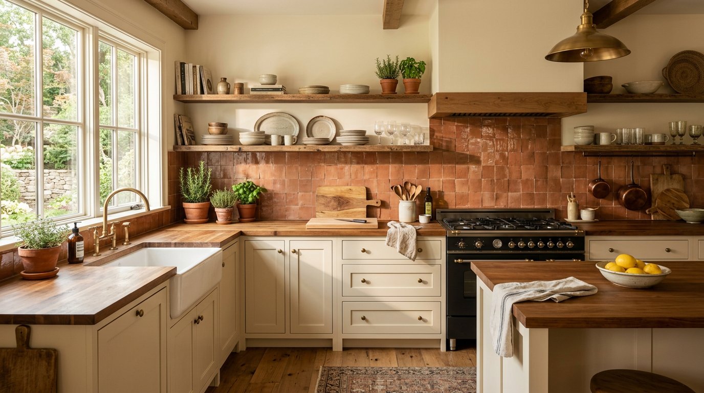 Terracotta handmade-look backsplash with wood shelves in Plainville CT